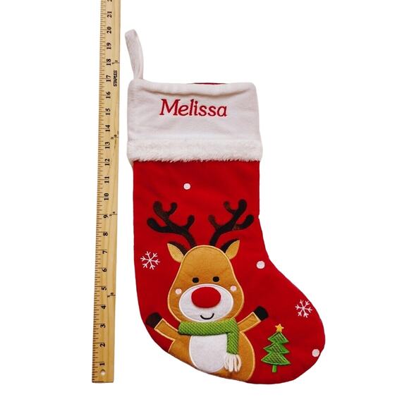 Reindeer Red White Christmas Stocking 17" Personalized Name Melissa Monogrammed - Picture 2 of 4
